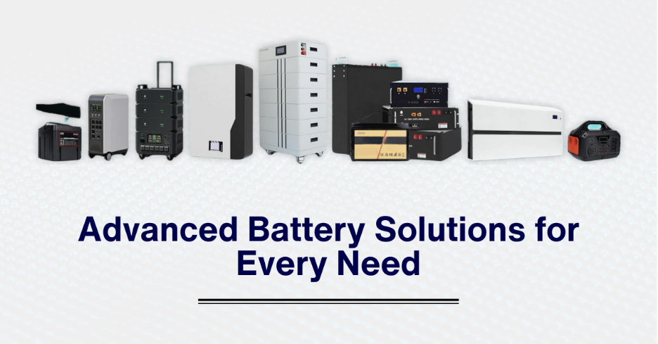 Advanced battery solutions lineup by iEngineering including EV batteries, solar storage systems, industrial backup, and home energy storage units.